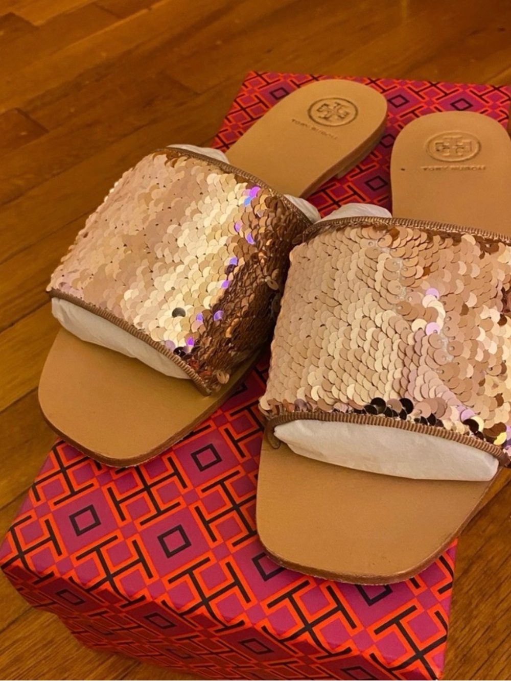 Tory Burch Rose rose Gold Sequin Slide Sandals EUC